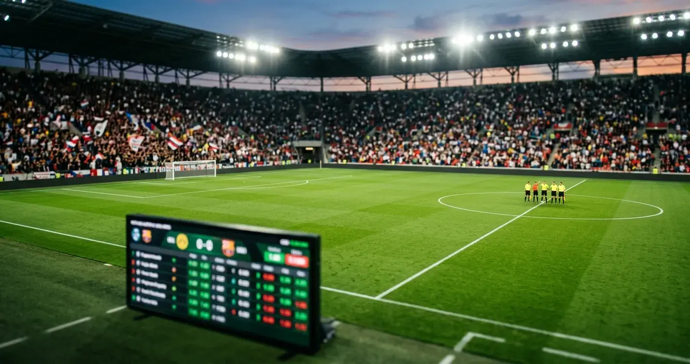 Oddstavle og fotballstadion før kampstart i VM 2026
