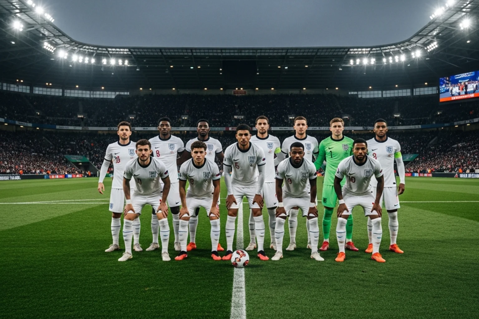 Englands landslag i hvite drakter under VM 2026 med Jude Bellingham i front