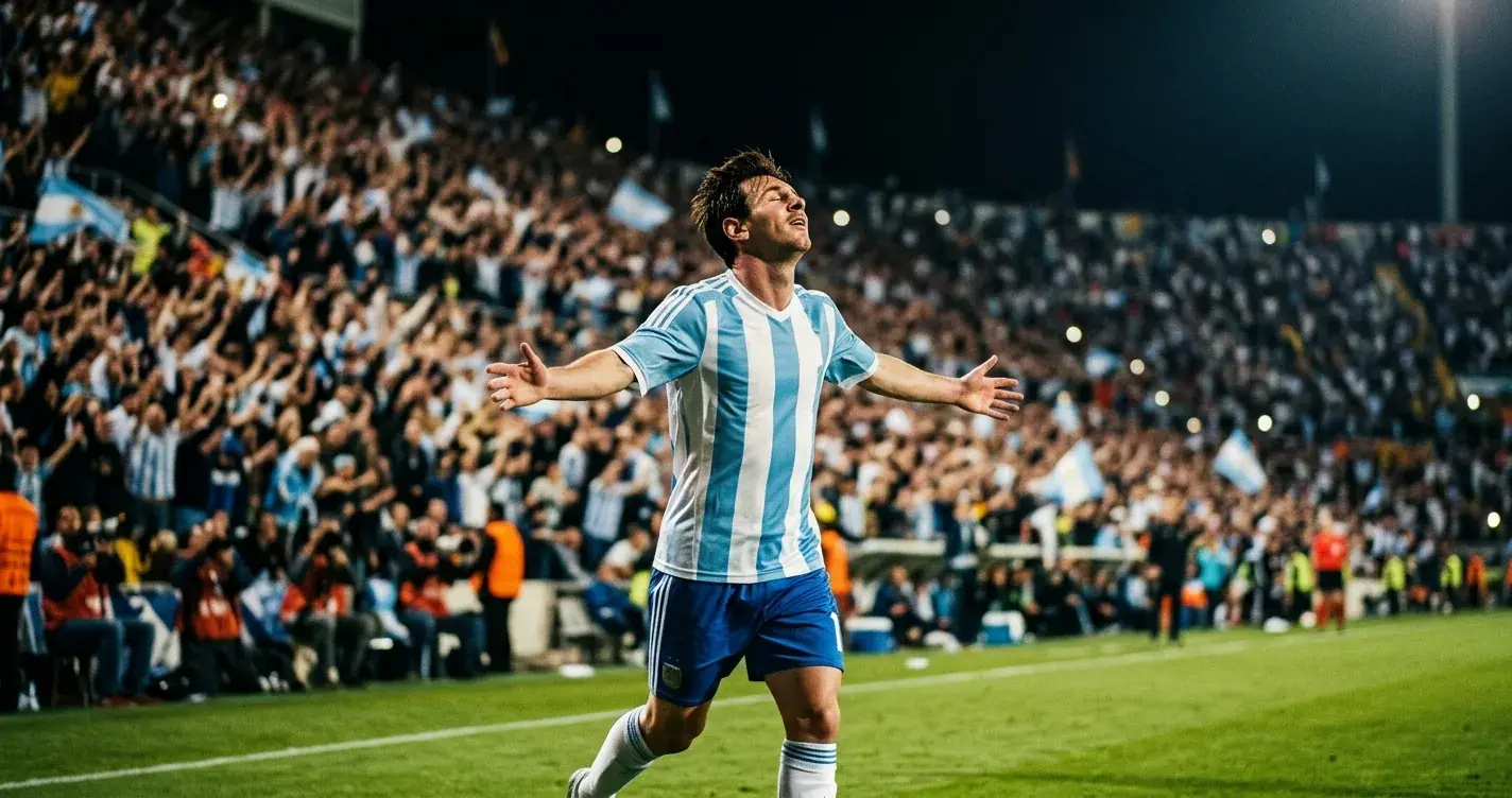 Fotballstadion med jublende publikum etter et historisk mål i VM 2026