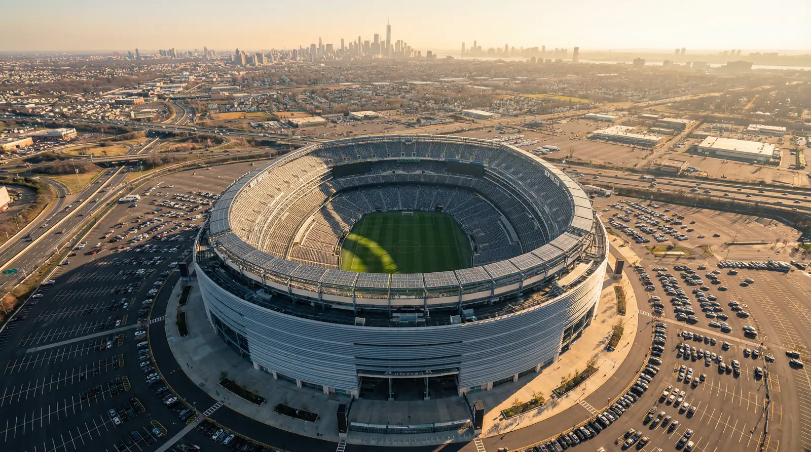 MetLife Stadium i New Jersey sett utenfra med grønn fotballbane klar for VM 2026