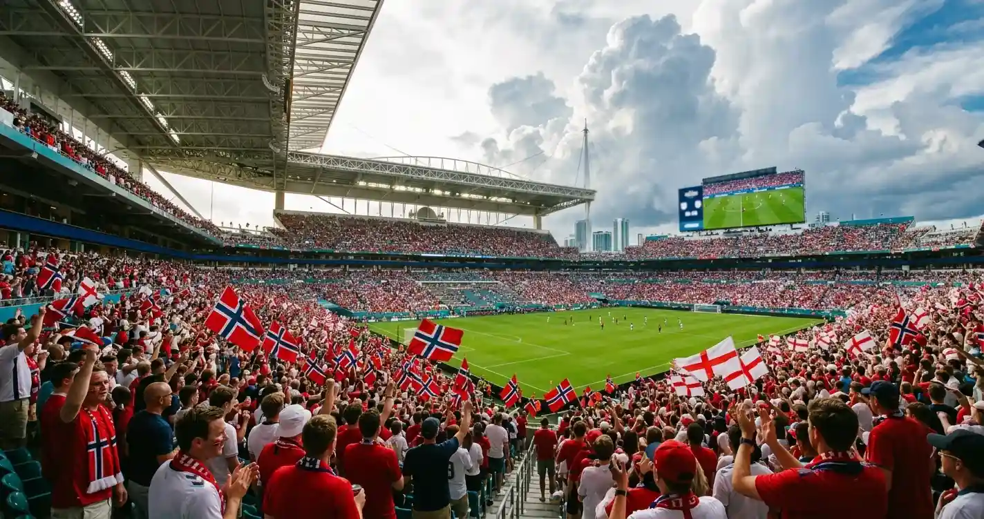 Storskjerm og supporterhav på en åpen stadion i tropisk klima under en VM-sluttspillkamp