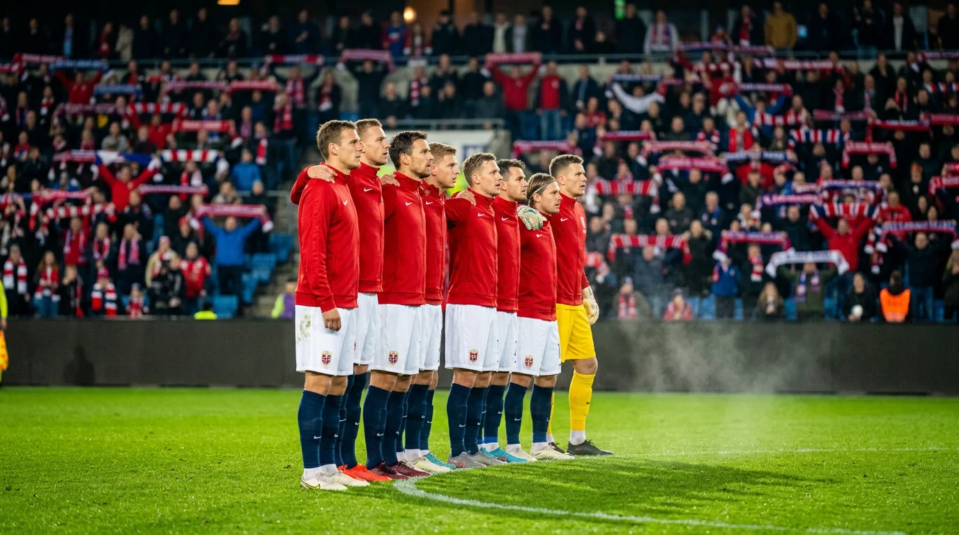 Norges landslag i rød drakt samlet på banen før en VM-kvalifiseringskamp