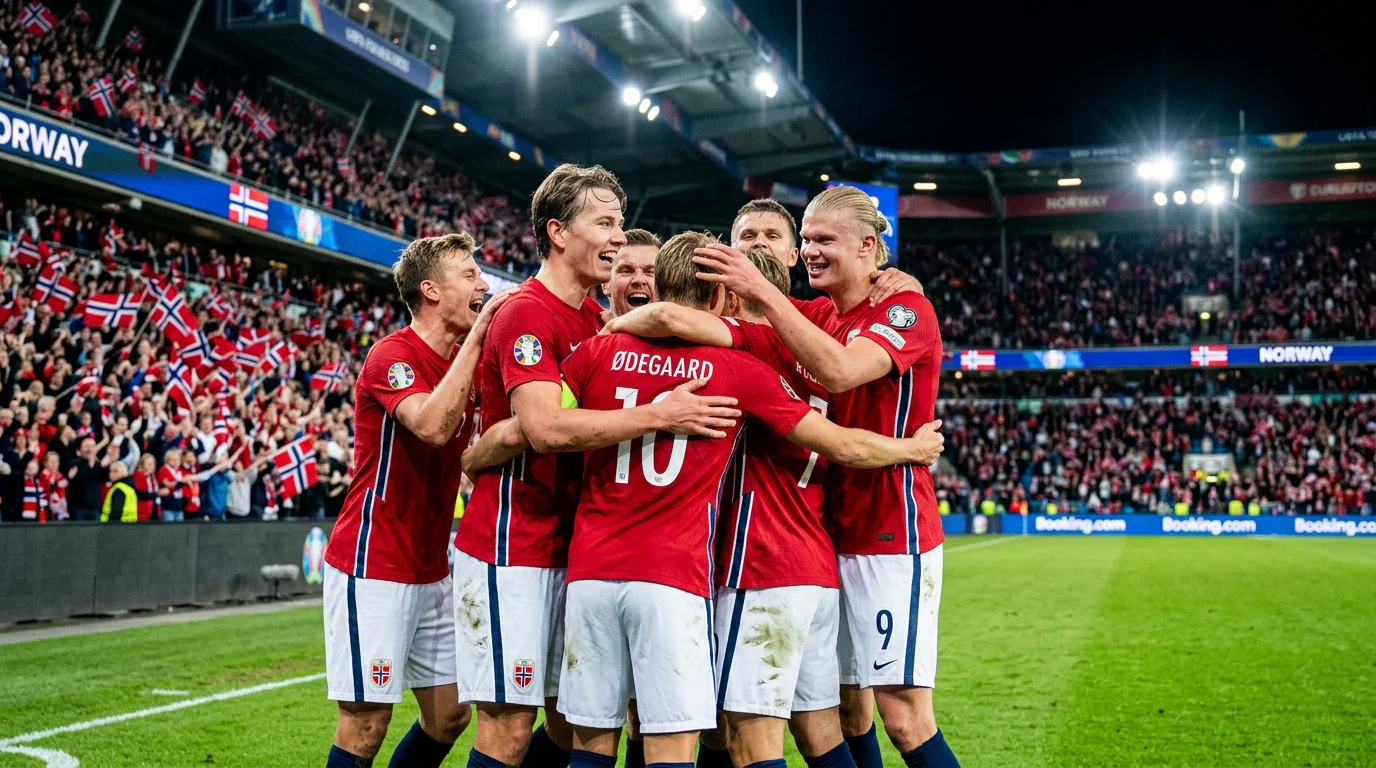 Norges satisfying VM 2026-drakt med flagg og Erling Haaland i fokus