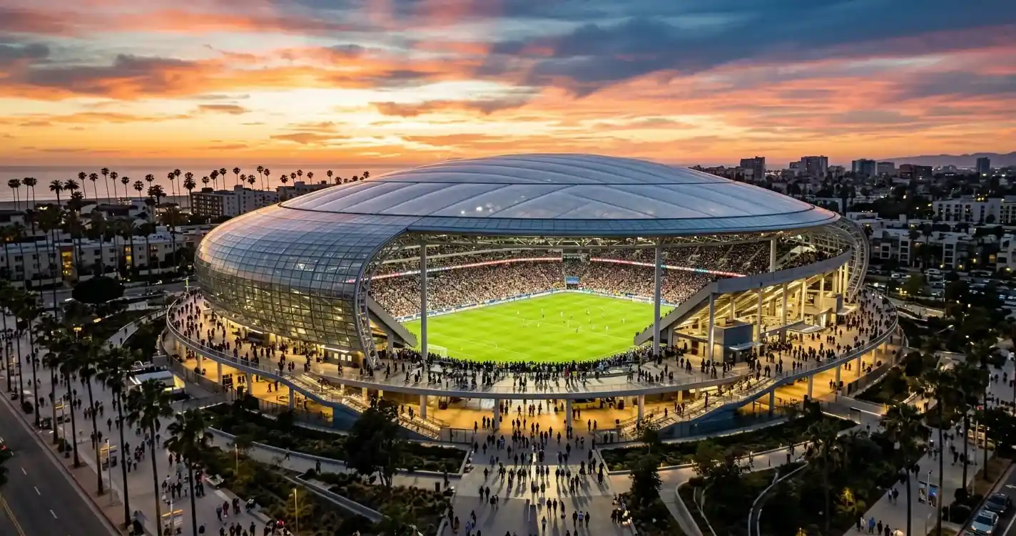 Fylt fotballstadion med fast tak og åpne sider ved solnedgang før avspark
