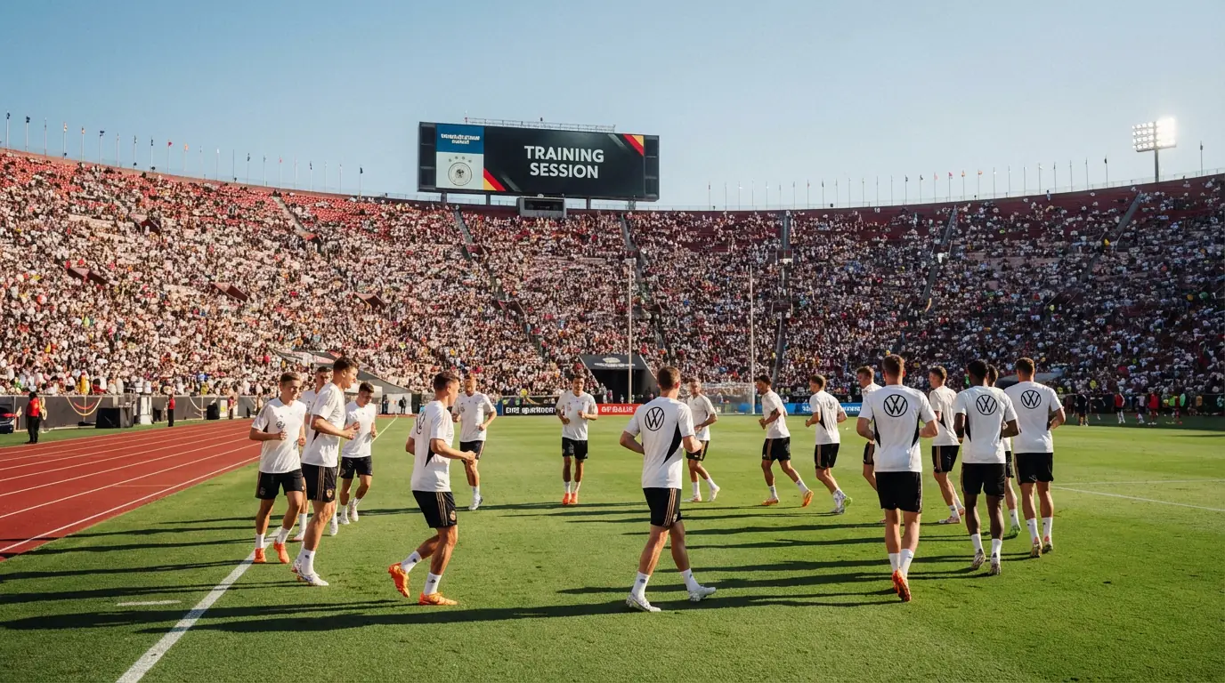 Tysklands landslag i hvite drakter med Jamal Musiala og Florian Wirtz