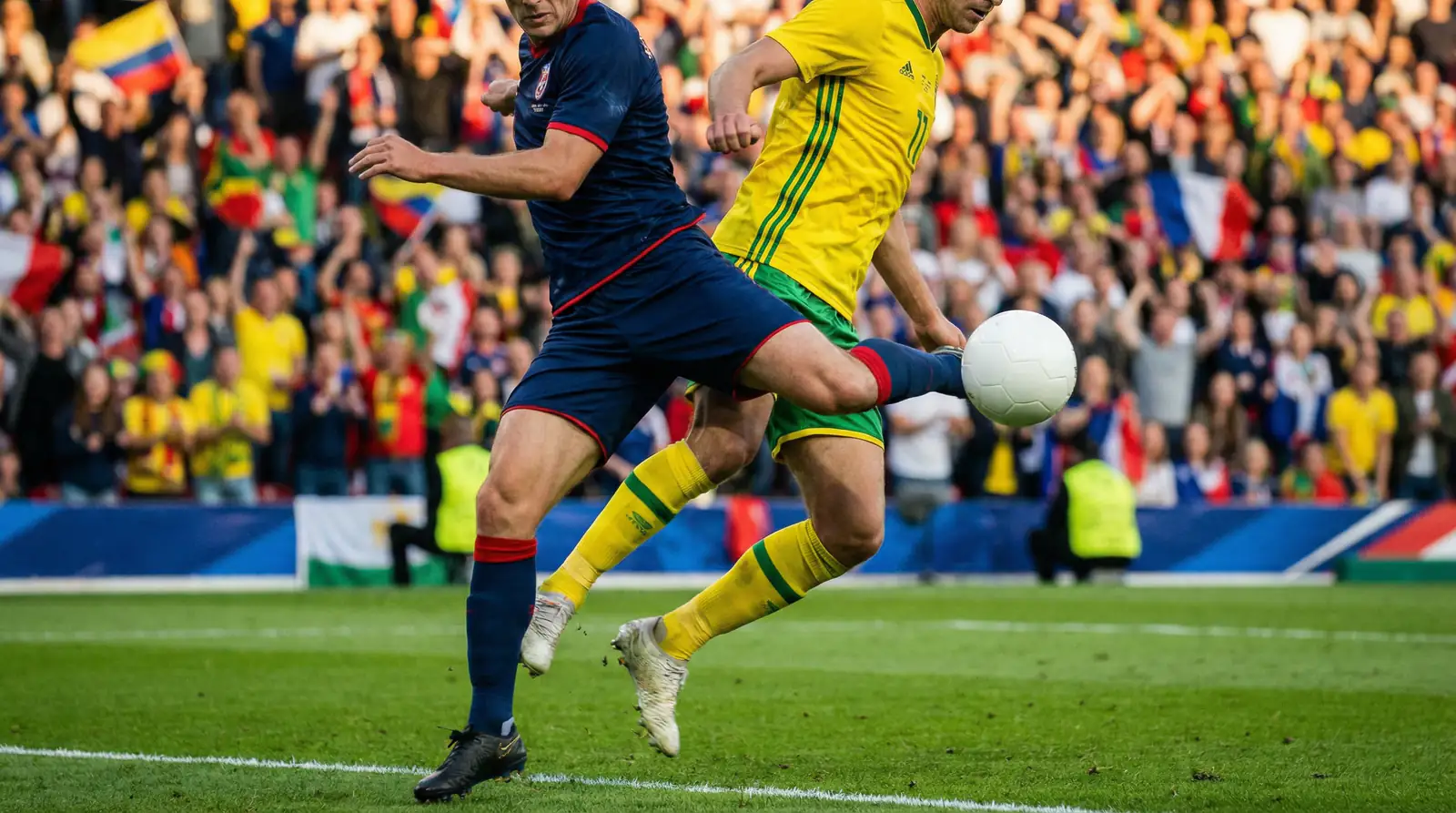 Fotballspillere i duell om ballen under en intensiv VM-kamp på en fullsatt stadion