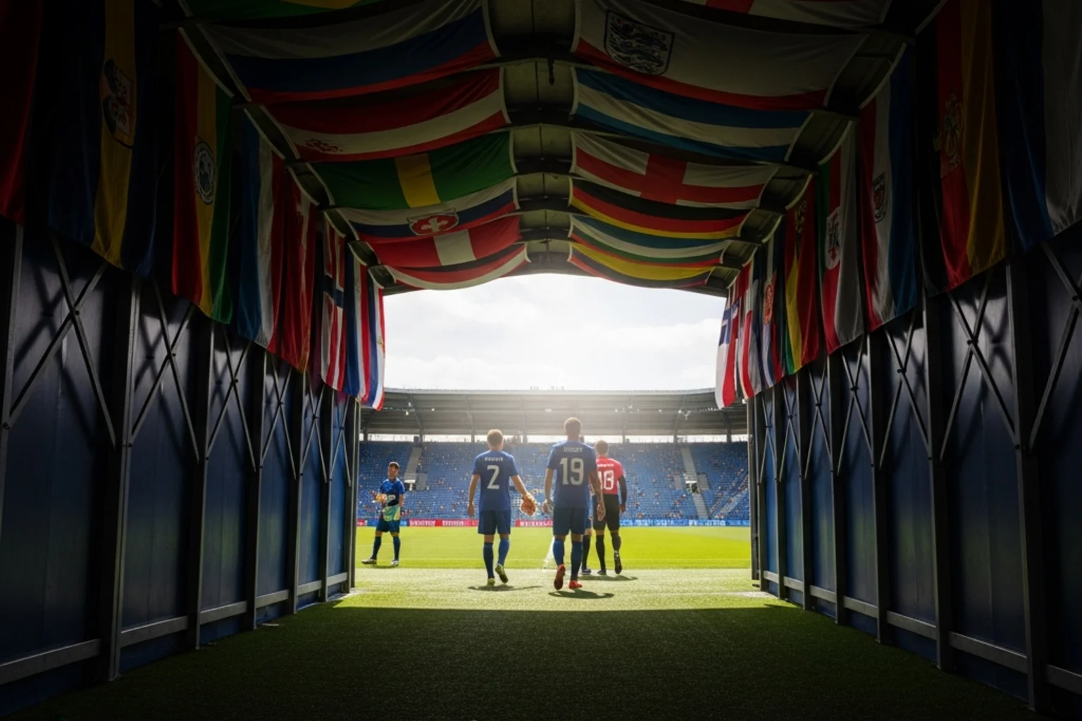 Nasjonalflagg fra ulike VM 2026-deltakerland vaiende ved en fotballstadion