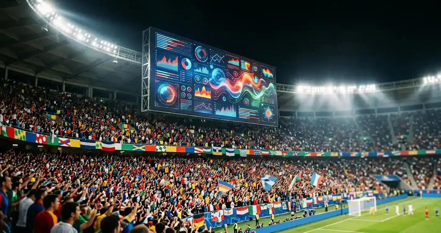 Storskjerm med statistikk og fulle tribuner på en VM-stadion