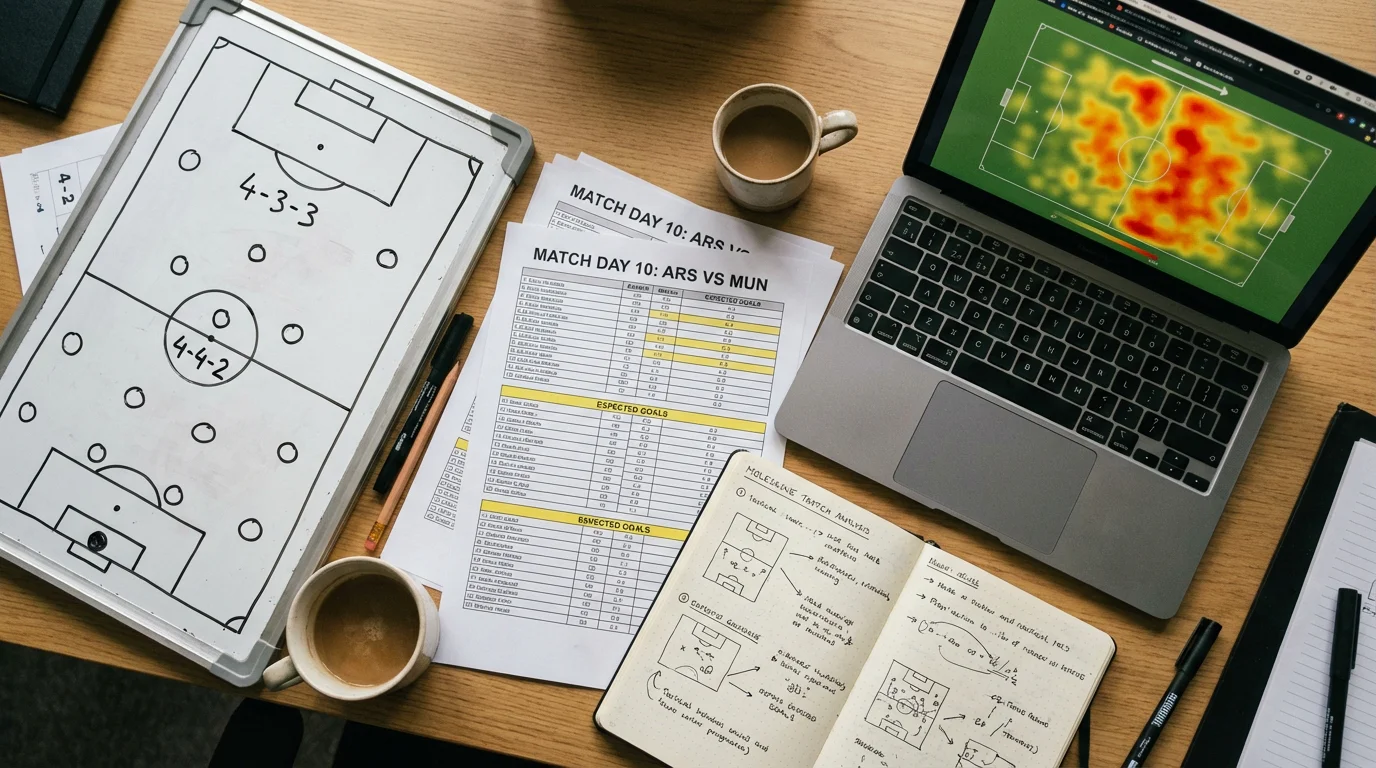 Statistikktavle med fotballkampdata og analysenotater foran en grønn fotballbane